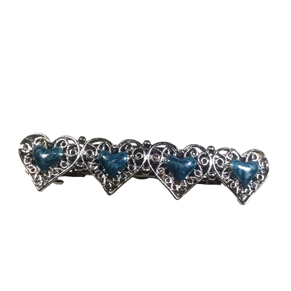 Hair Barrette Blue Heart Enamel Metal Tension Clip Party School Work